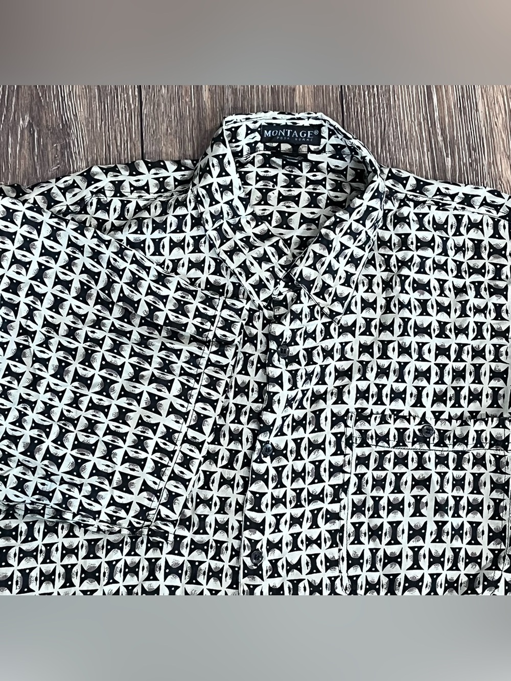 Vintage Montage Silk All Over Print Short Sleeve Button Down Shirt Mens XL 90’s